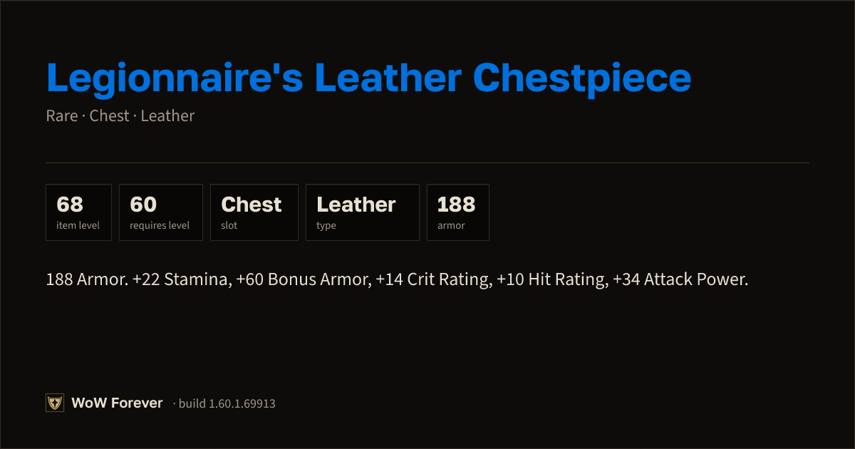 The preview card for Legionnaire's Leather Chestpiece - WoW Forever Item