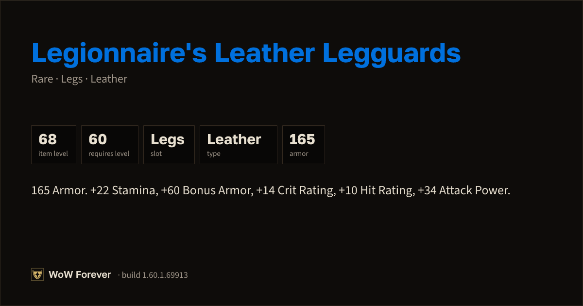 The preview card for Legionnaire's Leather Legguards - Rare Leather Legs