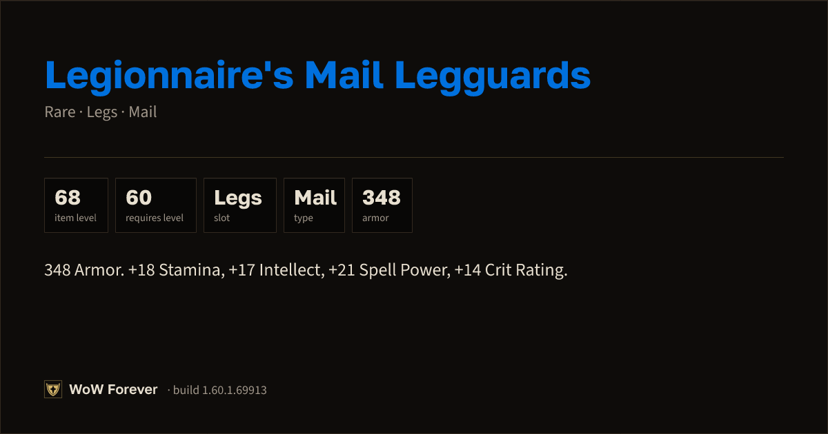 The preview card for Legionnaire's Mail Legguards - Rare Mail Legs