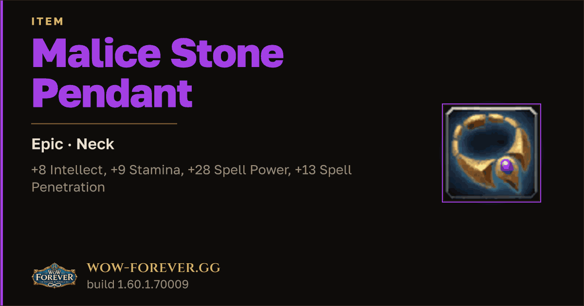 The preview card for Malice Stone Pendant - Epic Necklace, Item Level 83