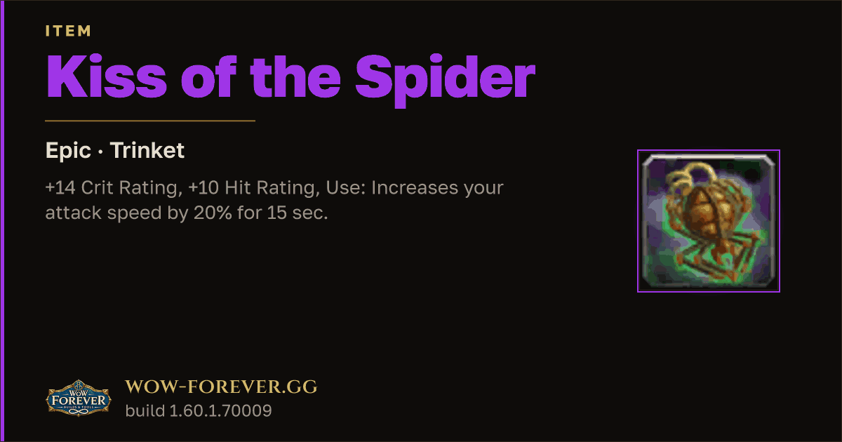 The preview card for Kiss of the Spider - Epic Trinket, Item Level 85