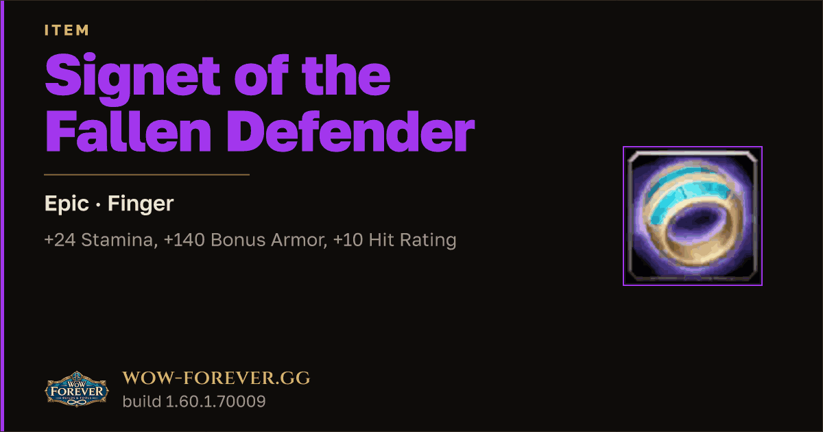 The preview card for Signet of the Fallen Defender - Epic Ring