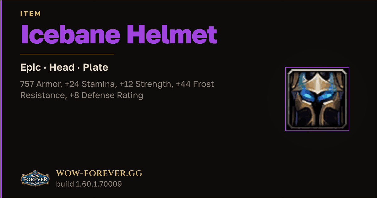 The preview card for Icebane Helmet - Epic Plate Head, Item Level 83