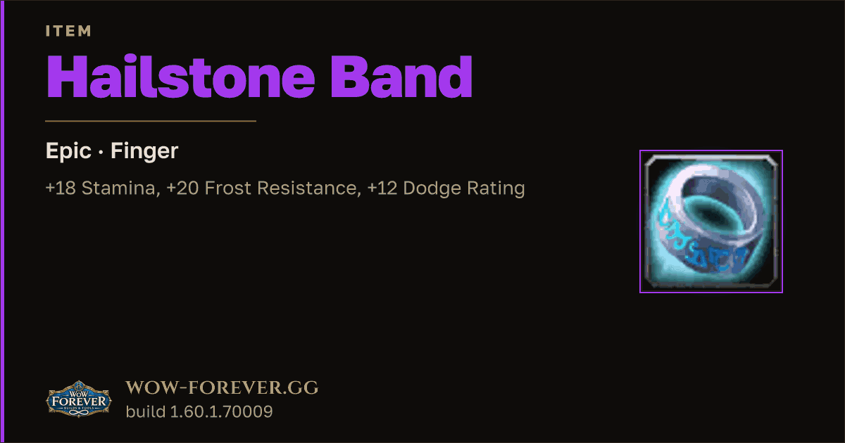 The preview card for Hailstone Band - Epic Ring, Item Level 83