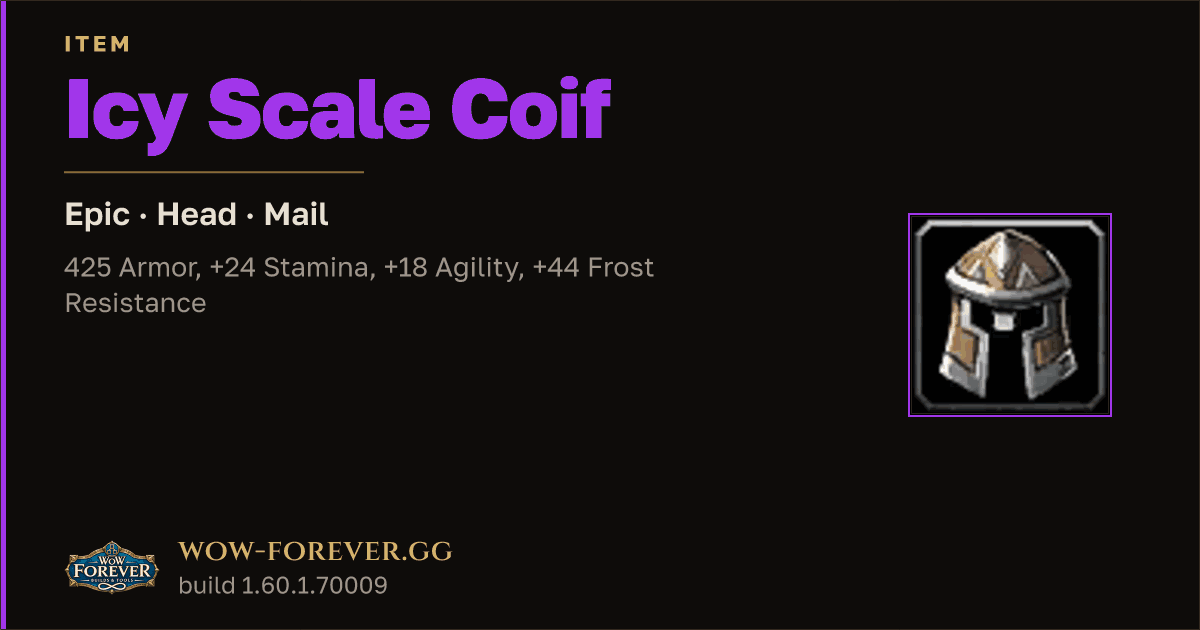 The preview card for Icy Scale Coif - Epic Mail Head, Item Level 83