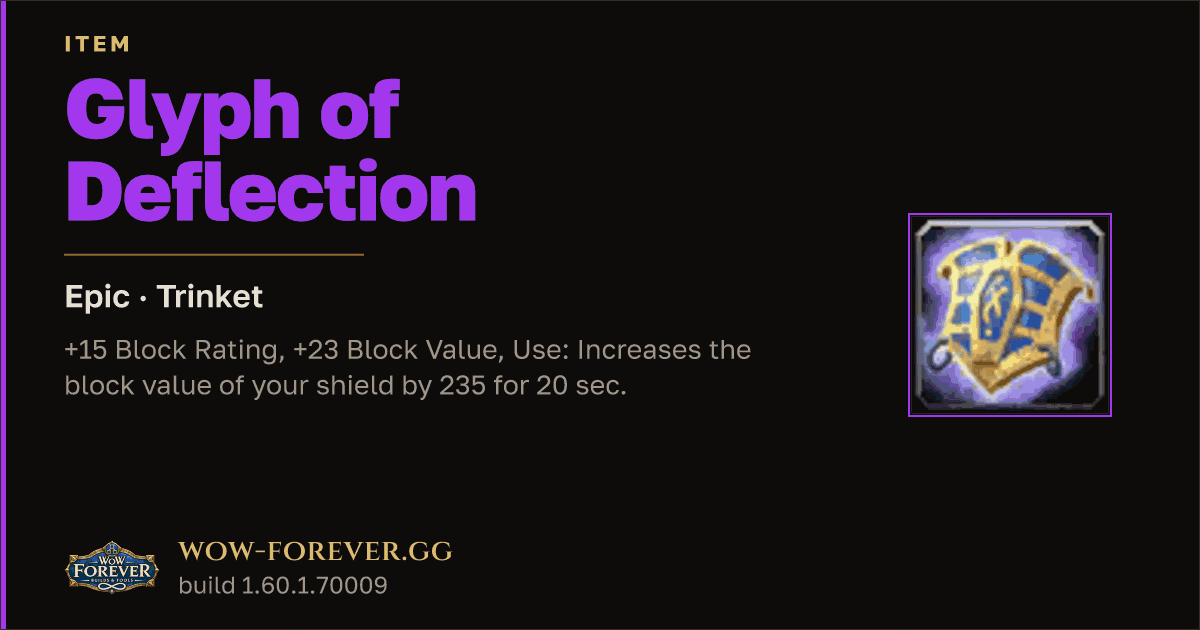 The preview card for Glyph of Deflection - Epic Trinket, Item Level 90