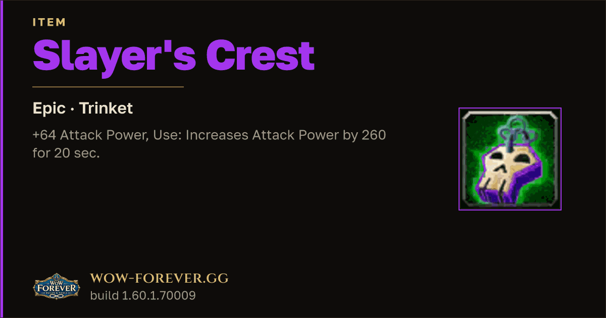 The preview card for Slayer's Crest - Epic Trinket, Item Level 90