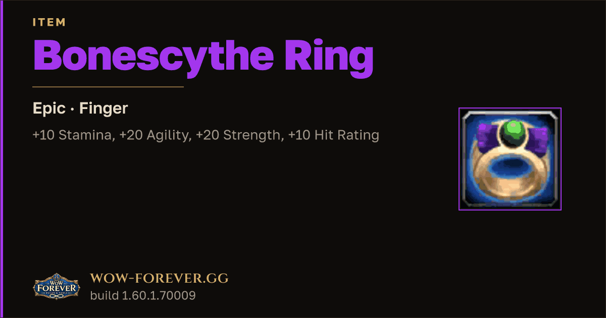 The preview card for Bonescythe Ring - Epic Ring, Item Level 92