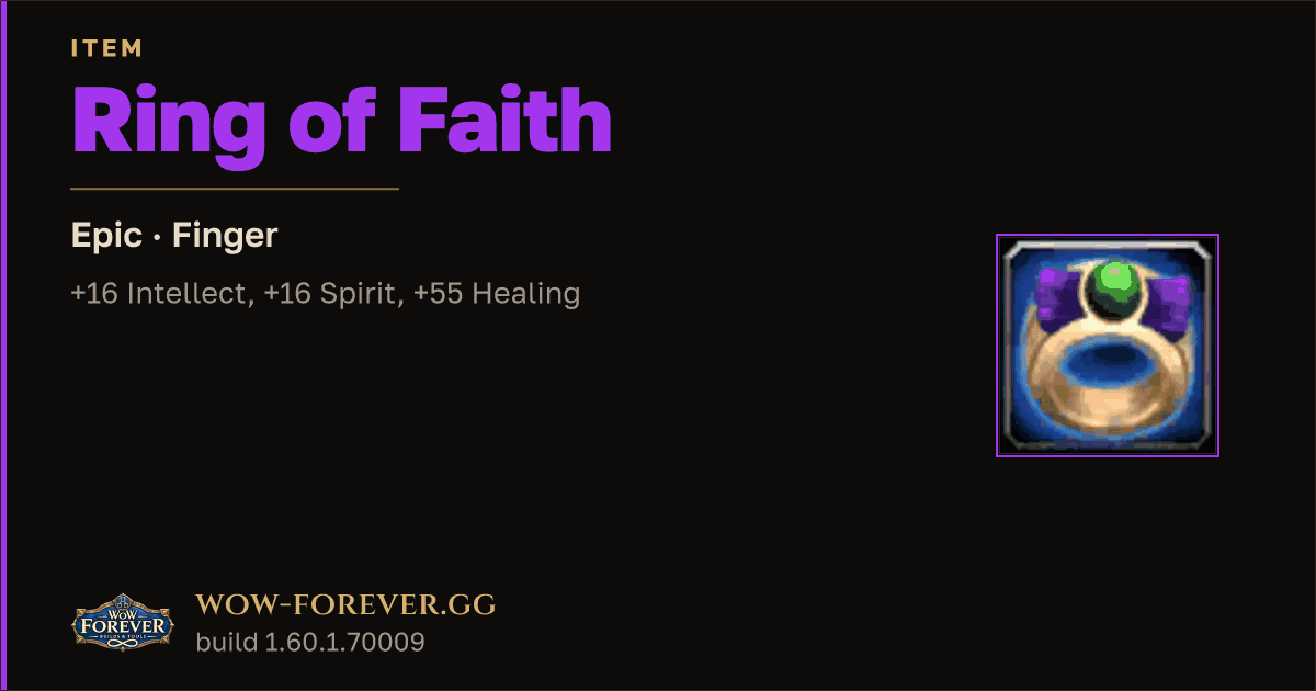 The preview card for Ring of Faith - Epic Ring, Item Level 92