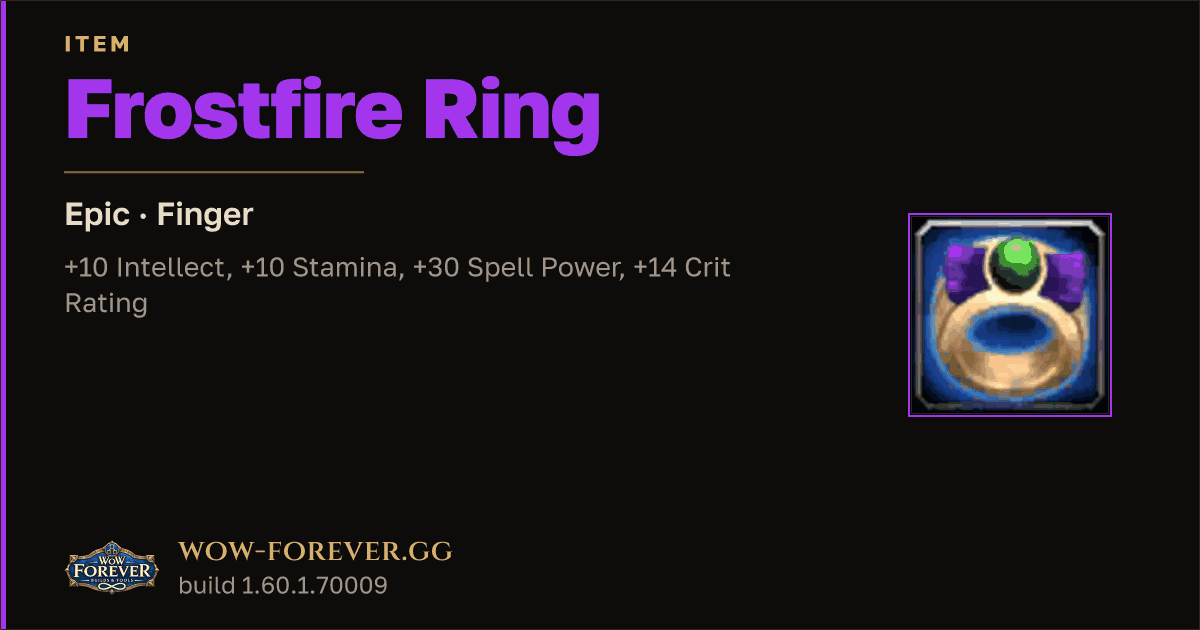 The preview card for Frostfire Ring - Epic Ring, Item Level 92