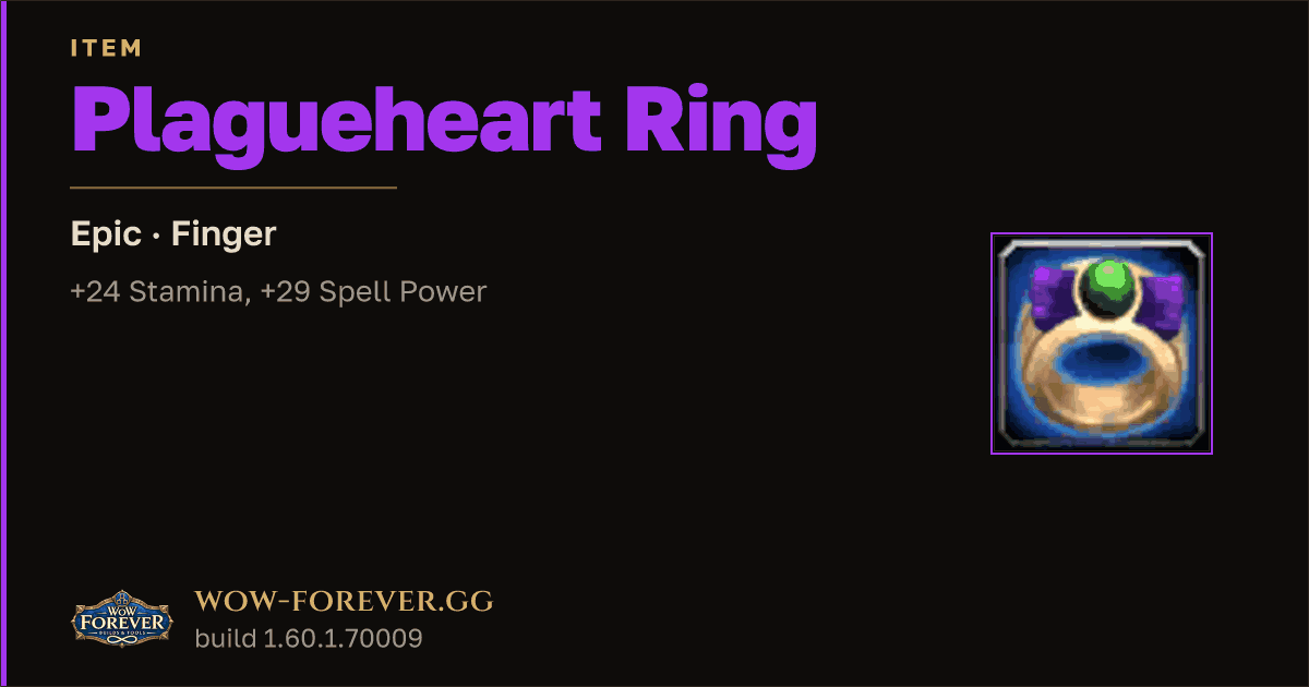 The preview card for Plagueheart Ring - Epic Ring, Item Level 92
