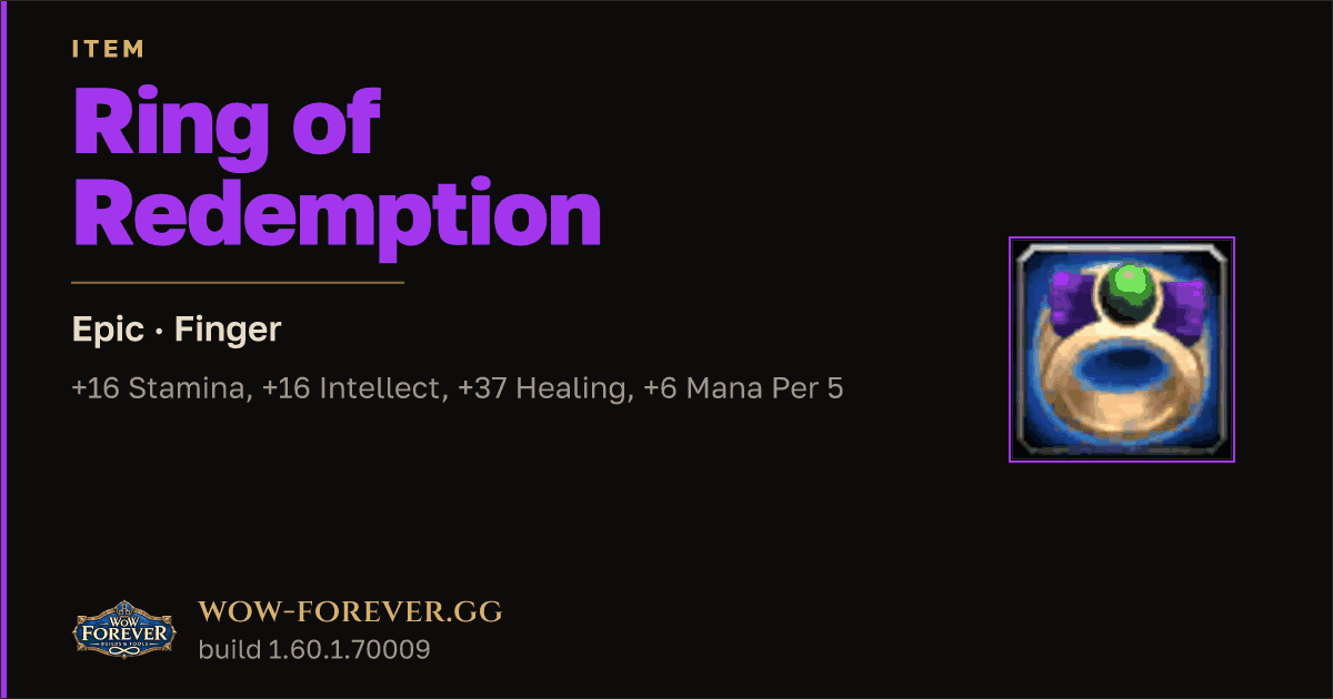 The preview card for Ring of Redemption - Epic Ring, Item Level 92