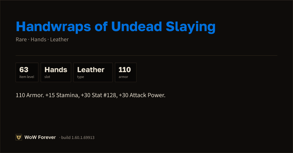 The preview card for Handwraps of Undead Slaying - Rare Leather Hands