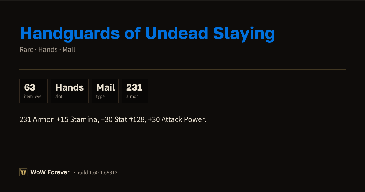 The preview card for Handguards of Undead Slaying - Rare Mail Hands