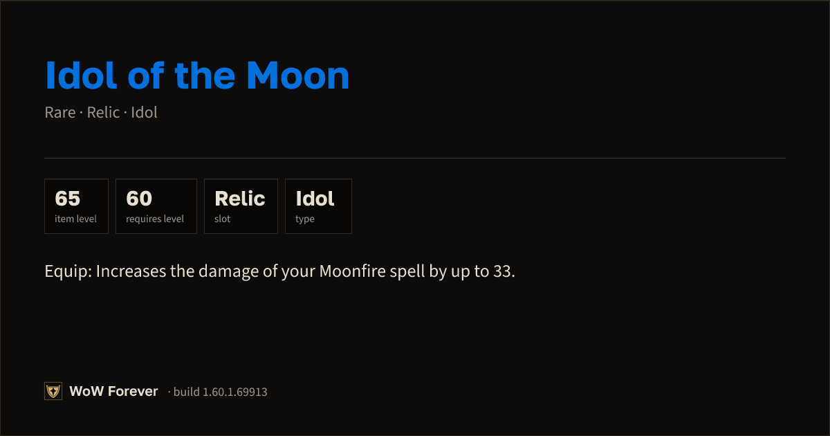 The preview card for Idol of the Moon - Rare Idol, Item Level 65