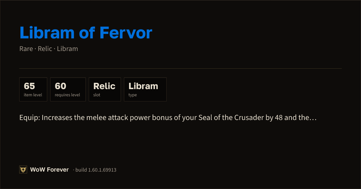 The preview card for Libram of Fervor - Rare Libram, Item Level 65
