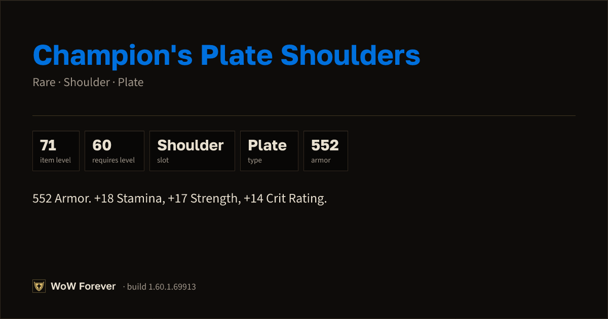 The preview card for Champion's Plate Shoulders - Rare Plate Shoulder