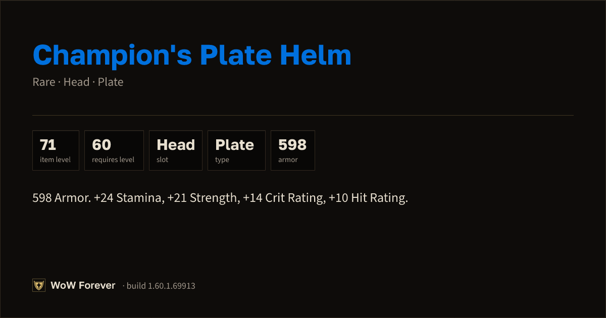 The preview card for Champion's Plate Helm - Rare Plate Head