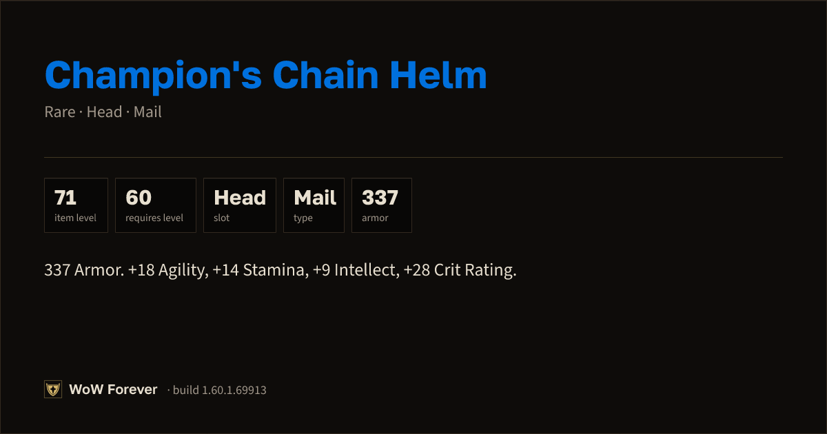 The preview card for Champion's Chain Helm - Rare Mail Head