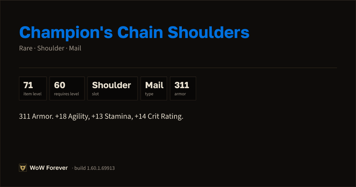 The preview card for Champion's Chain Shoulders - Rare Mail Shoulder