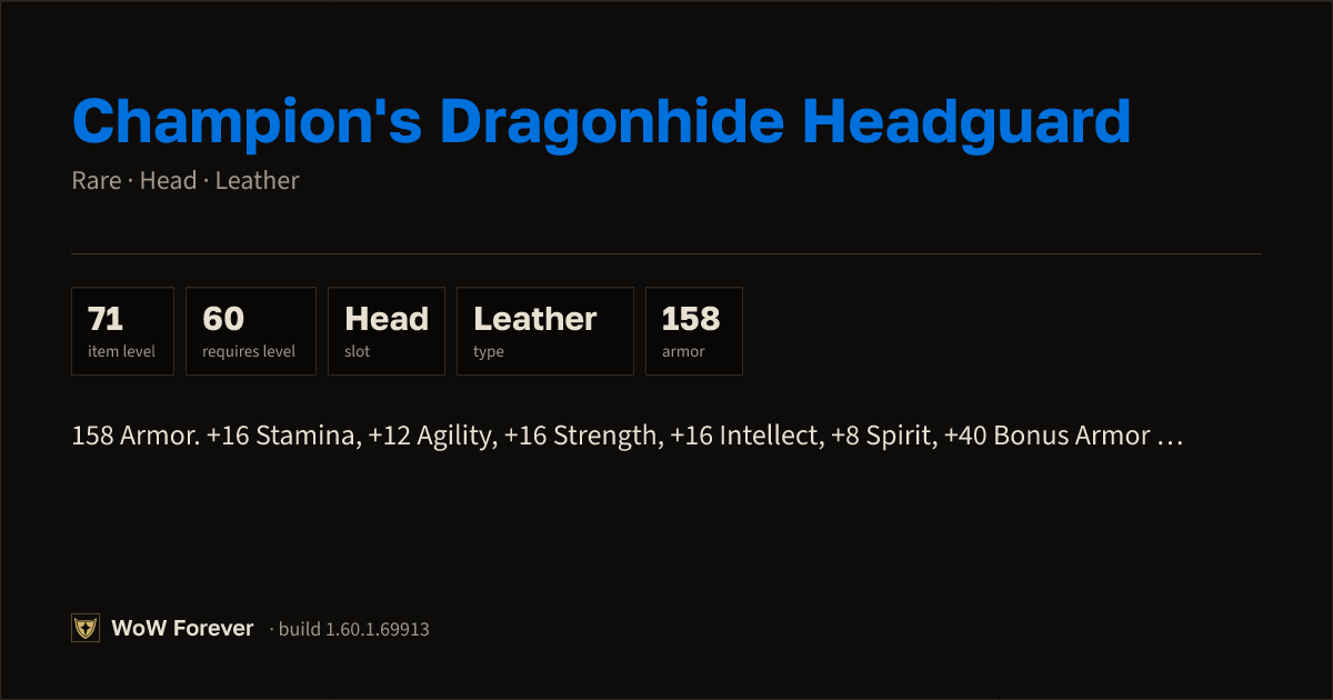 The preview card for Champion's Dragonhide Headguard - Rare Leather Head