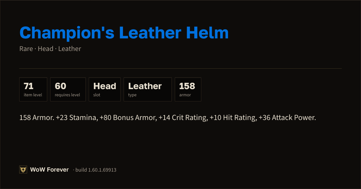 The preview card for Champion's Leather Helm - Rare Leather Head