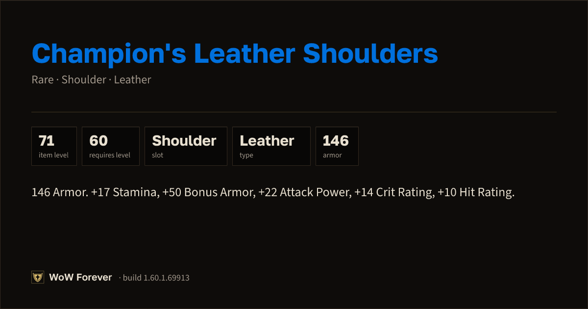 The preview card for Champion's Leather Shoulders - WoW Forever Item