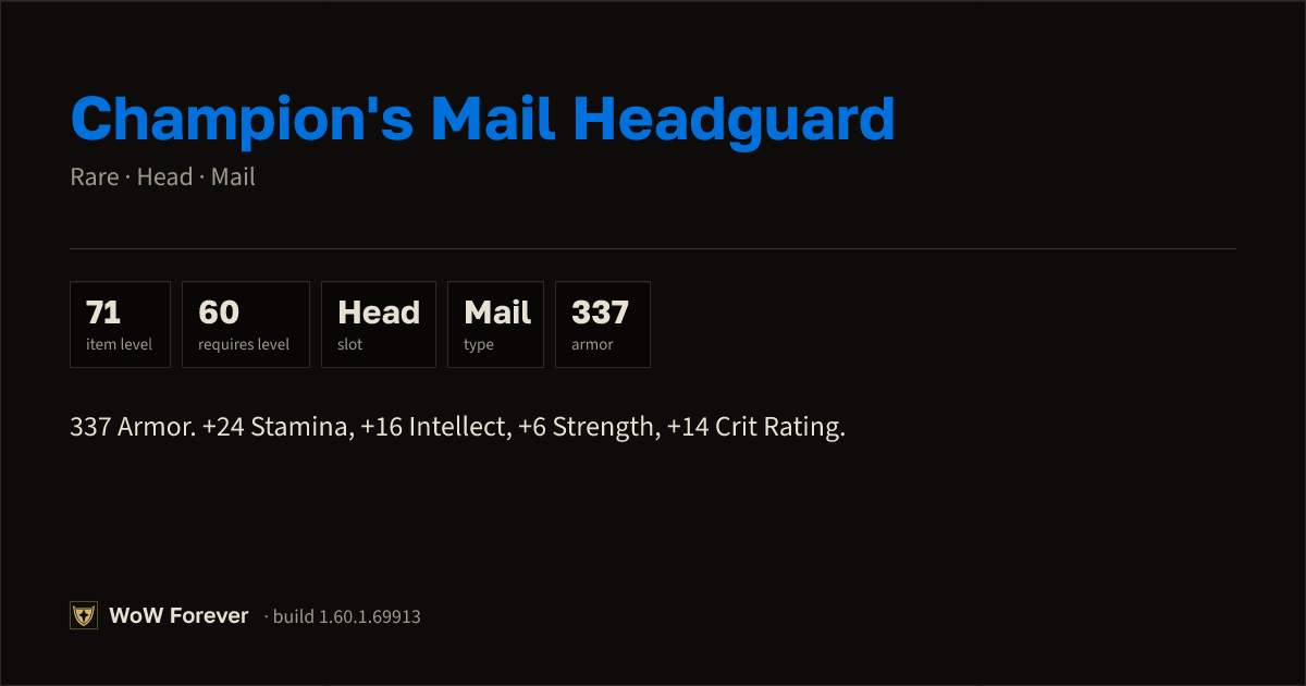 The preview card for Champion's Mail Headguard - Rare Mail Head