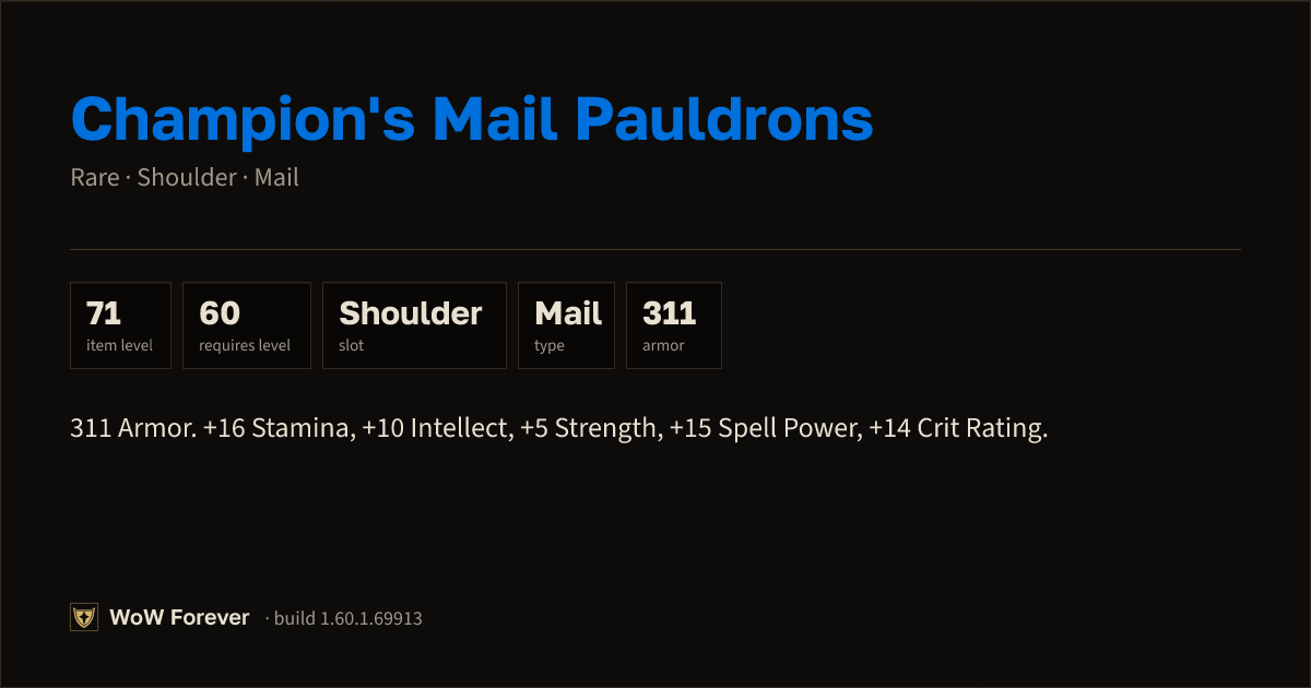 The preview card for Champion's Mail Pauldrons - Rare Mail Shoulder