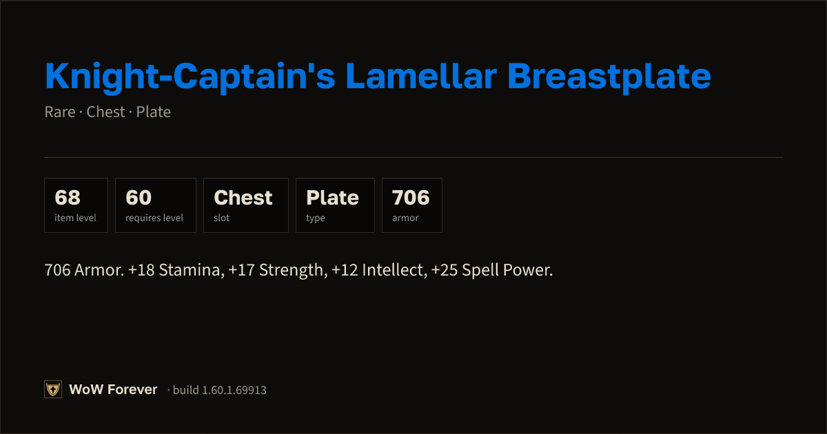 The preview card for Knight-Captain's Lamellar Breastplate (Item level 68)