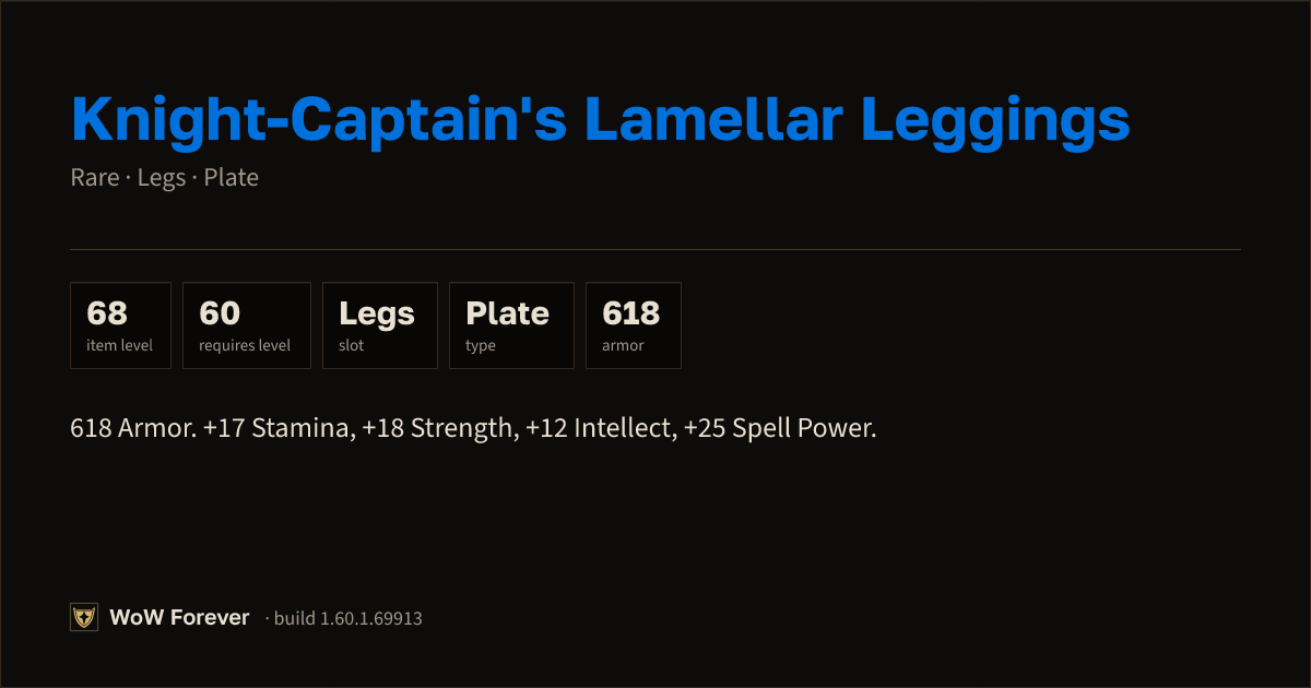 The preview card for Knight-Captain's Lamellar Leggings (Item level 68)