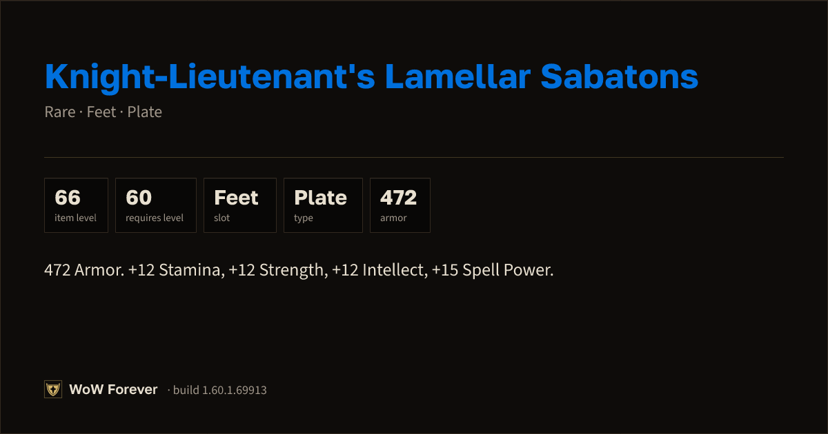 The preview card for Knight-Lieutenant's Lamellar Sabatons (Item level 66)
