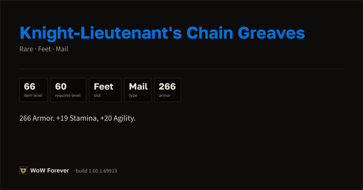 The preview card for Knight-Lieutenant's Chain Greaves - Rare Mail Feet