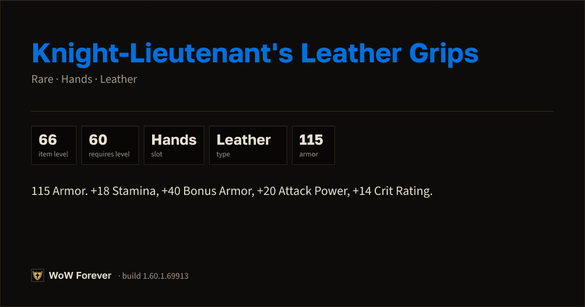 The preview card for Knight-Lieutenant's Leather Grips - WoW Forever Item