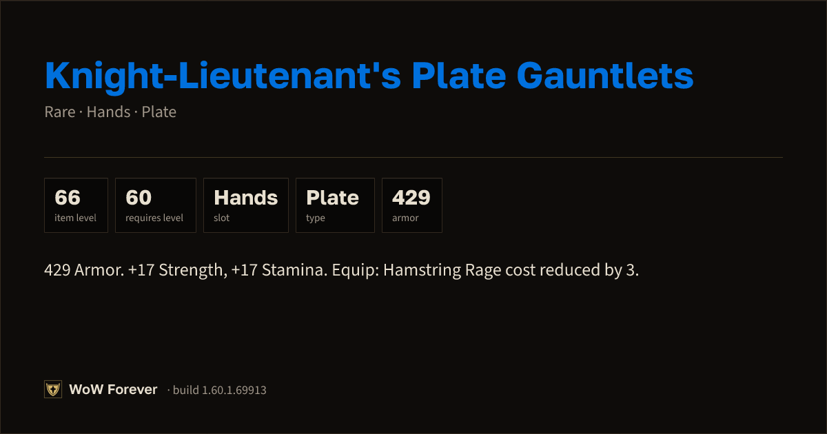 The preview card for Knight-Lieutenant's Plate Gauntlets (Item level 66)