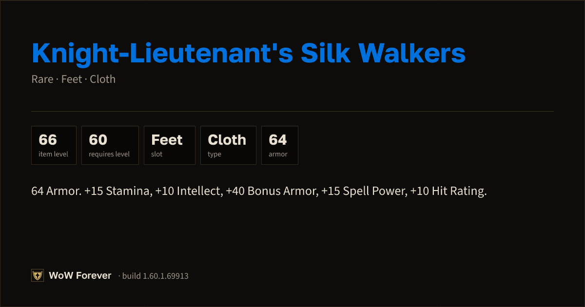 The preview card for Knight-Lieutenant's Silk Walkers - Rare Cloth Feet