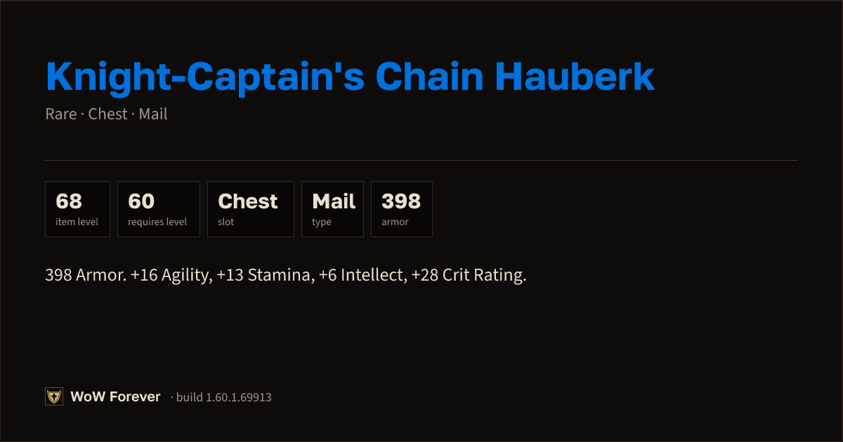 The preview card for Knight-Captain's Chain Hauberk (Item level 68)