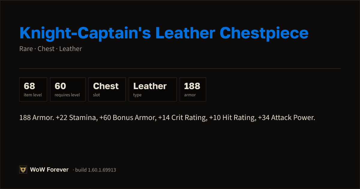 The preview card for Knight-Captain's Leather Chestpiece - WoW Forever Item