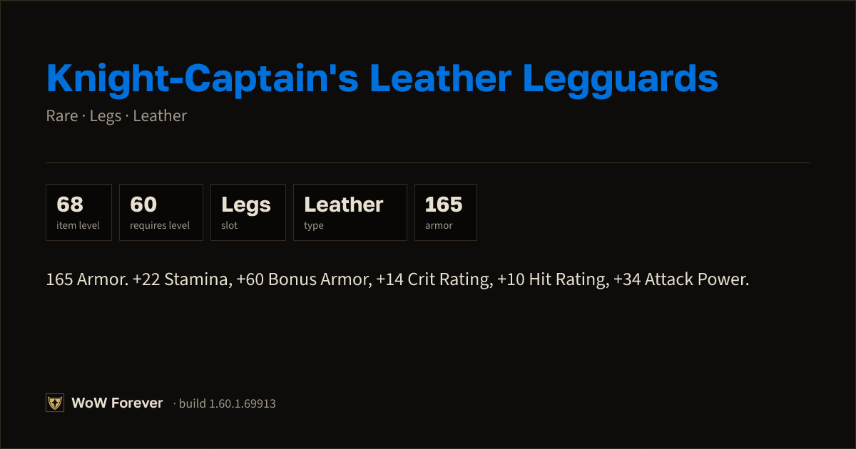 The preview card for Knight-Captain's Leather Legguards (Item level 68)
