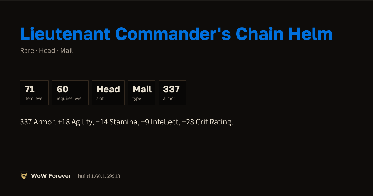 The preview card for Lieutenant Commander's Chain Helm - Rare Mail Head