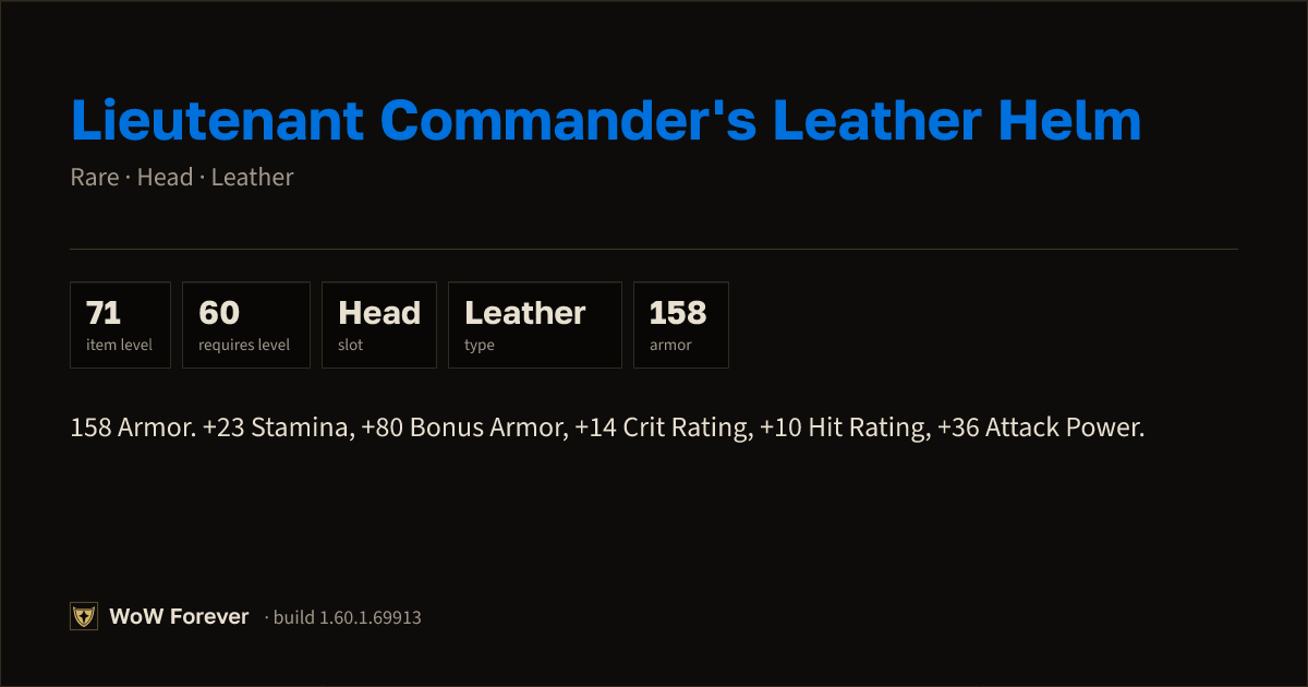 The preview card for Lieutenant Commander's Leather Helm - WoW Forever Item