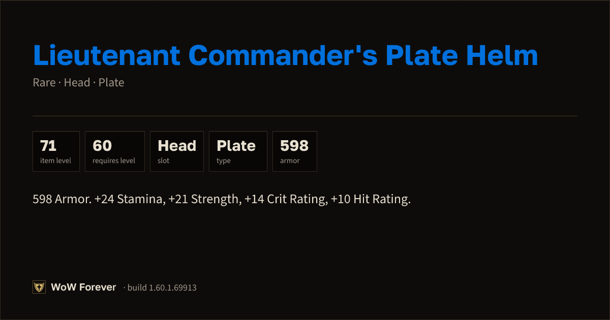 The preview card for Lieutenant Commander's Plate Helm (Item level 71)
