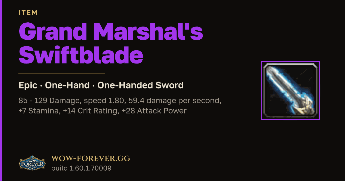 The preview card for Grand Marshal's Swiftblade - Epic One-Hand Sword