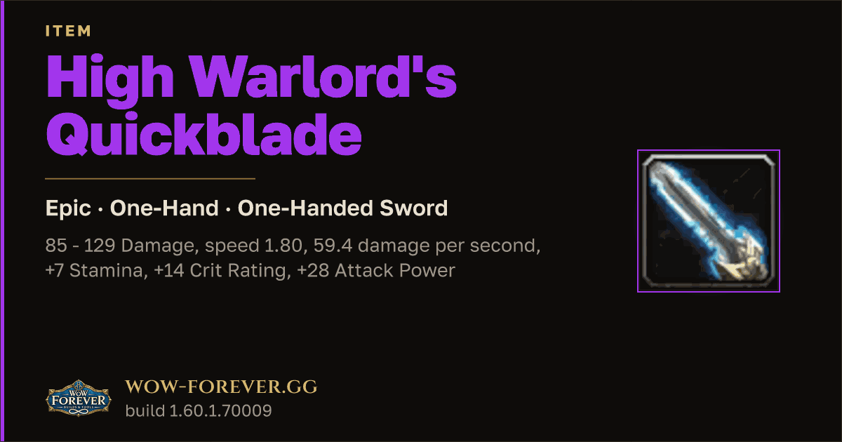 The preview card for High Warlord's Quickblade - Epic One-Hand Sword