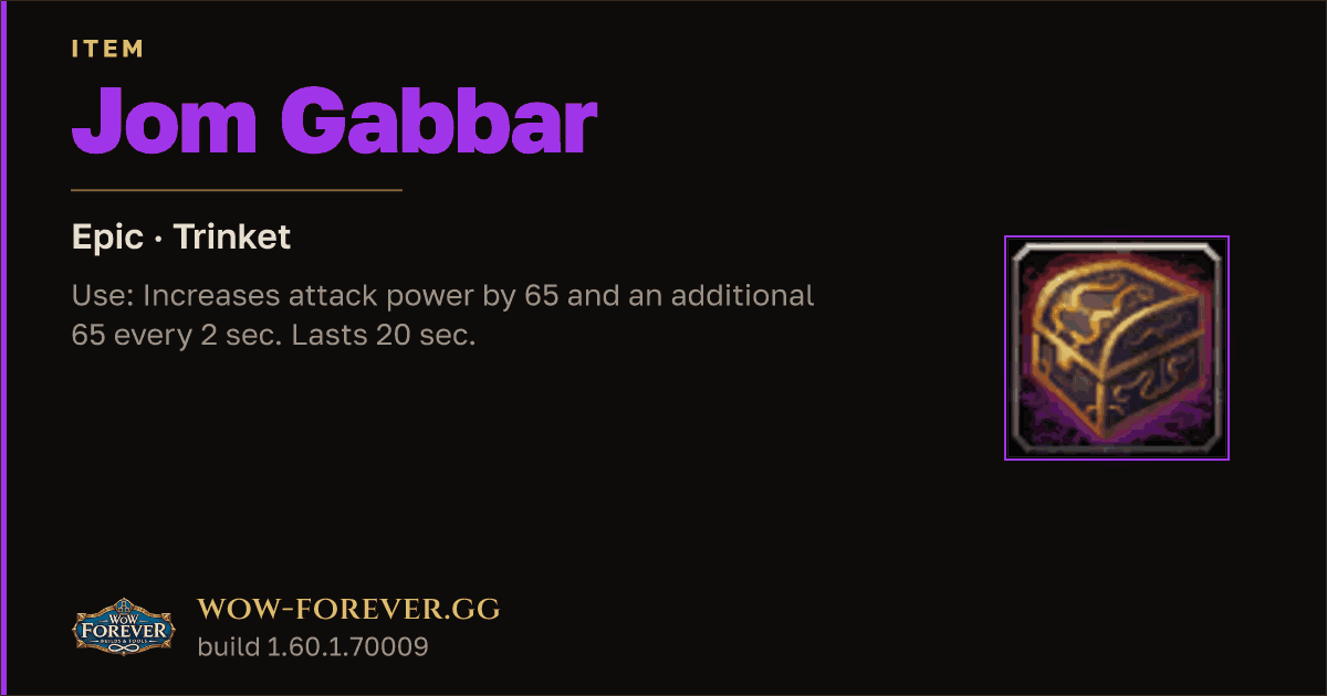 The preview card for Jom Gabbar - Epic Trinket, Item Level 81