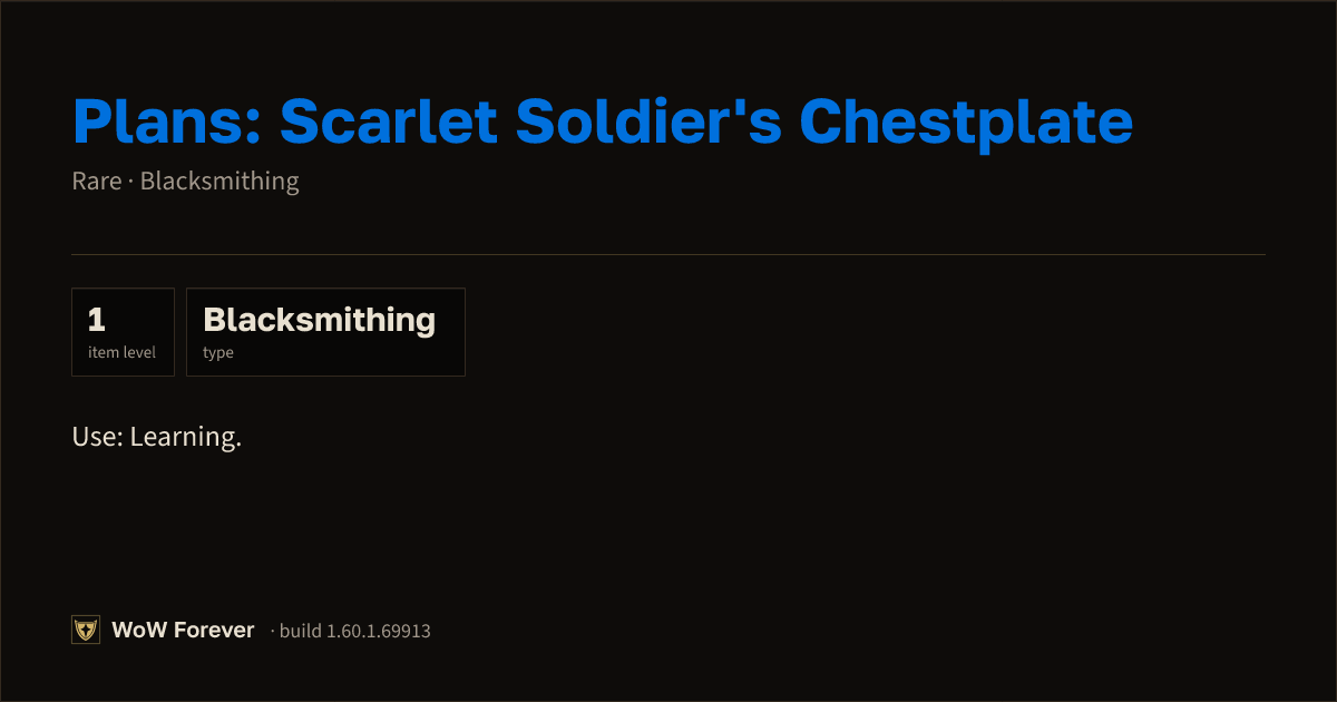 The preview card for Plans: Scarlet Soldier's Chestplate - WoW Forever Item