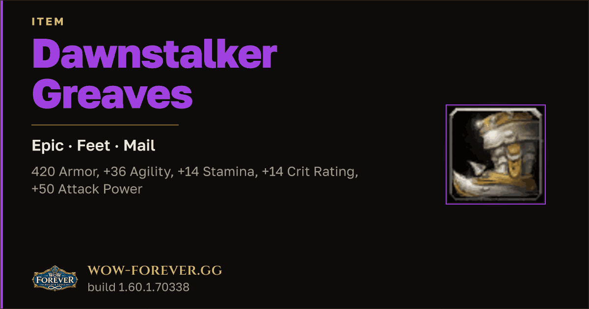 The preview card for Dawnstalker Greaves