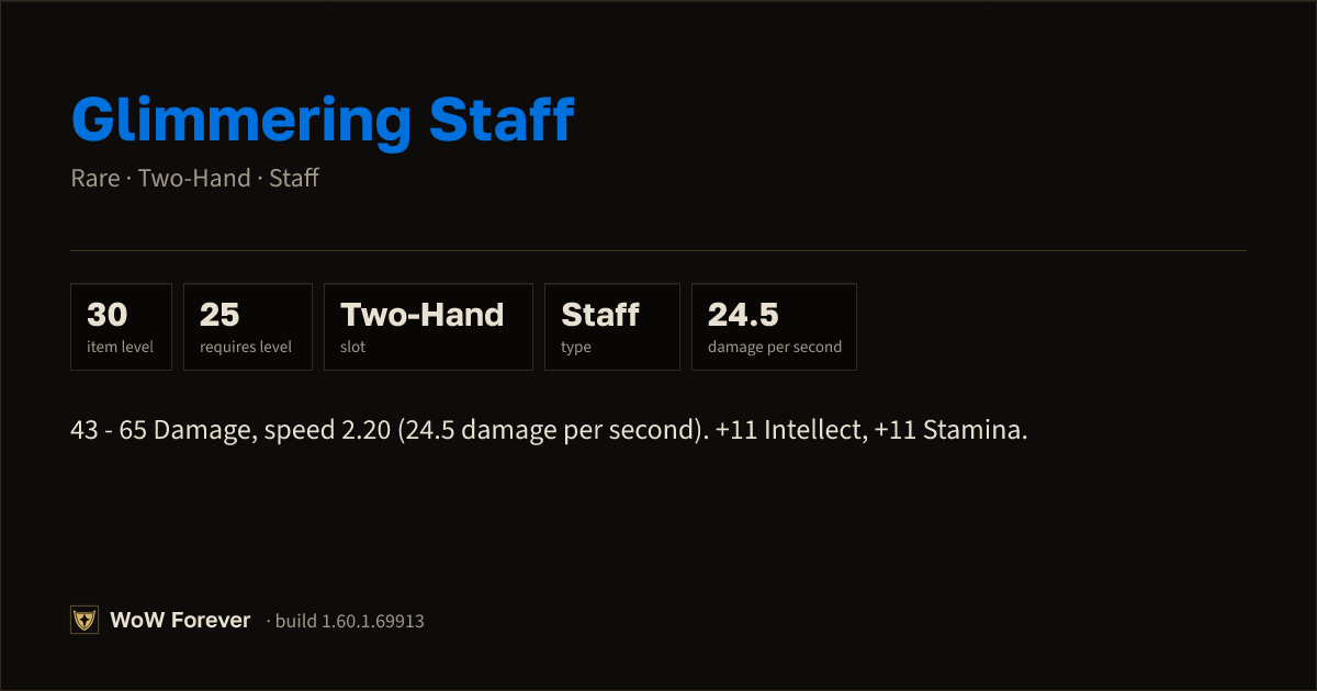 The preview card for Glimmering Staff - Rare Two-Hand Staff