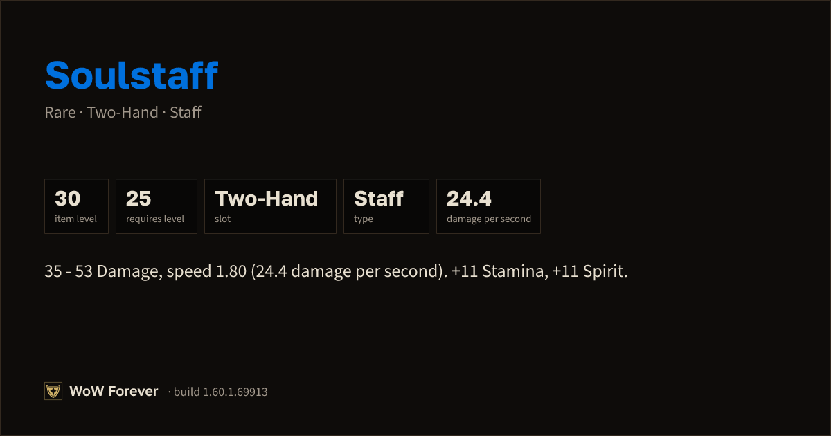 The preview card for Soulstaff - Rare Two-Hand Staff, Item Level 30
