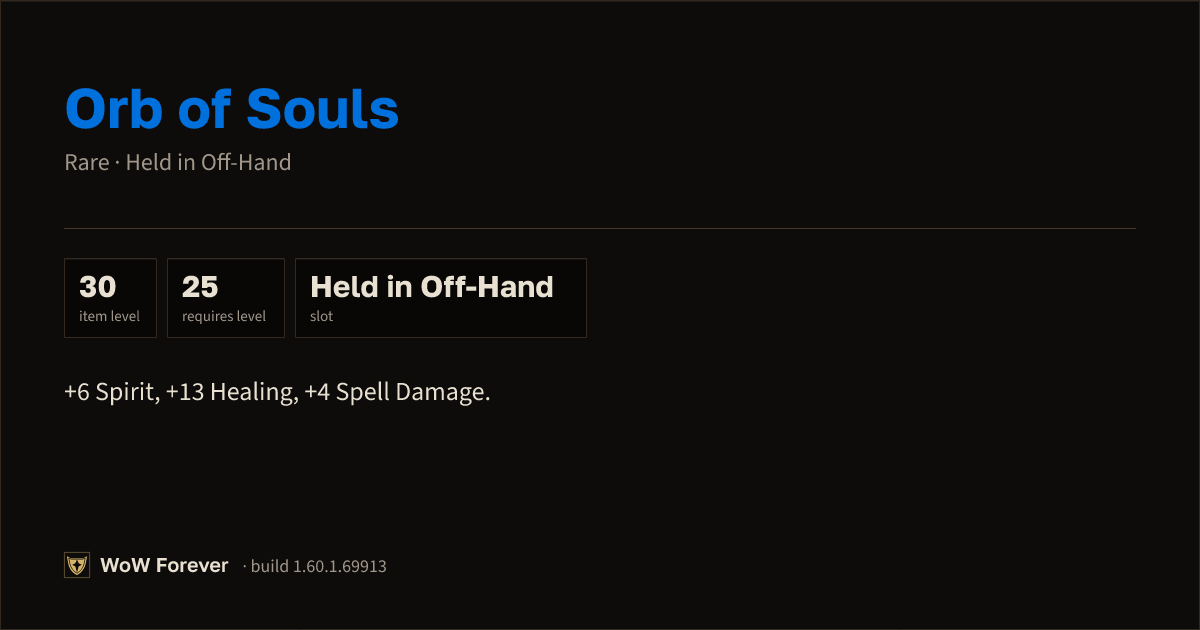 The preview card for Orb of Souls - Rare Off-Hand Item, Item Level 30